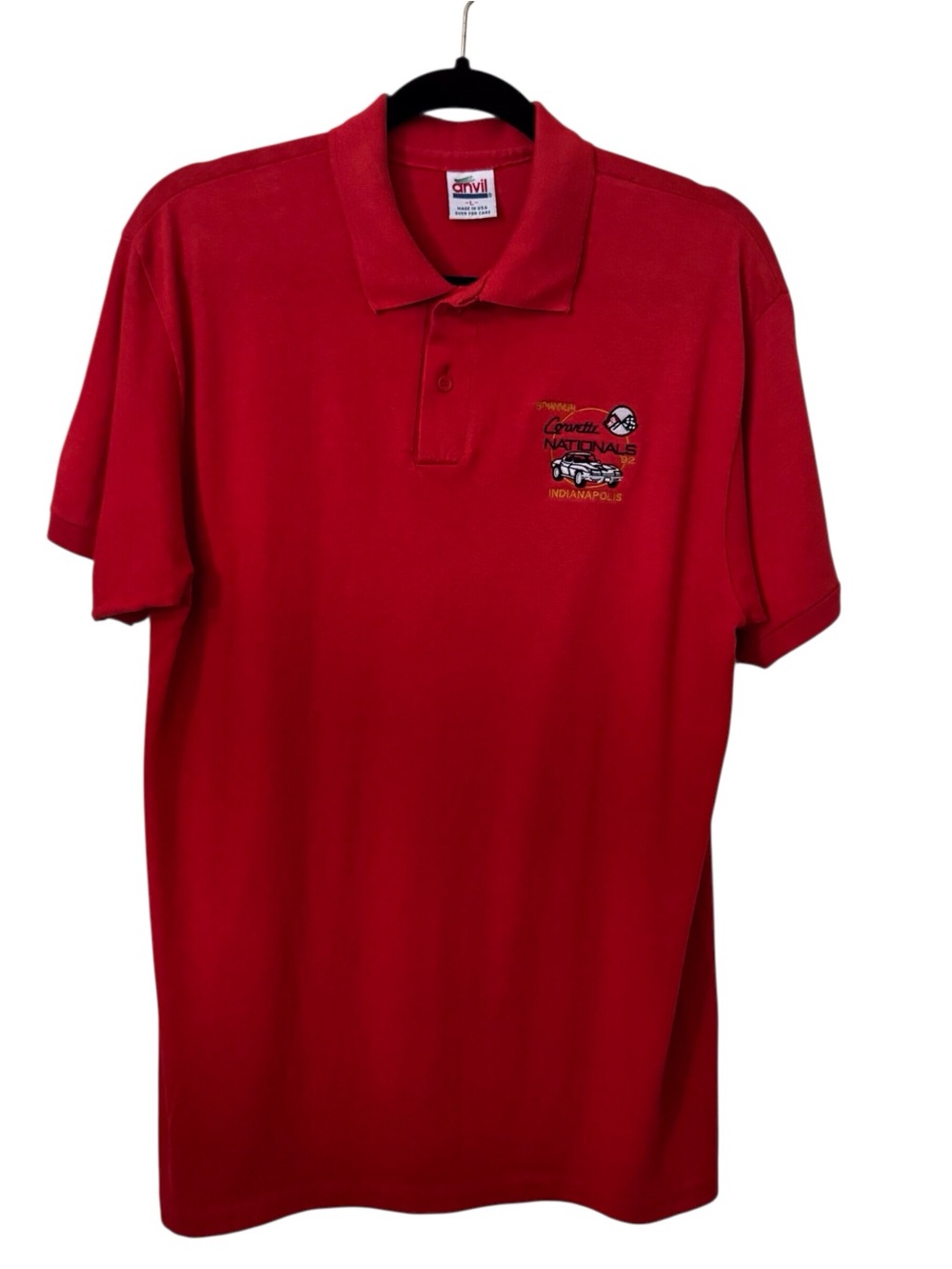 Vintage Anvil Size Large Red 92 Corvette Nationals Indianapolis Graphic Polo Tee